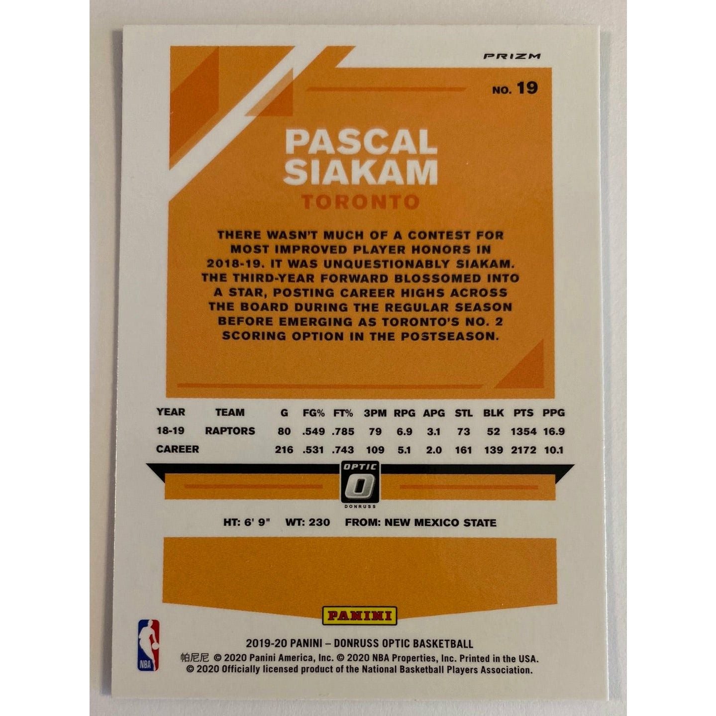 2019-20 Donruss Optic Pascal Siakam Purple Shock Prizm