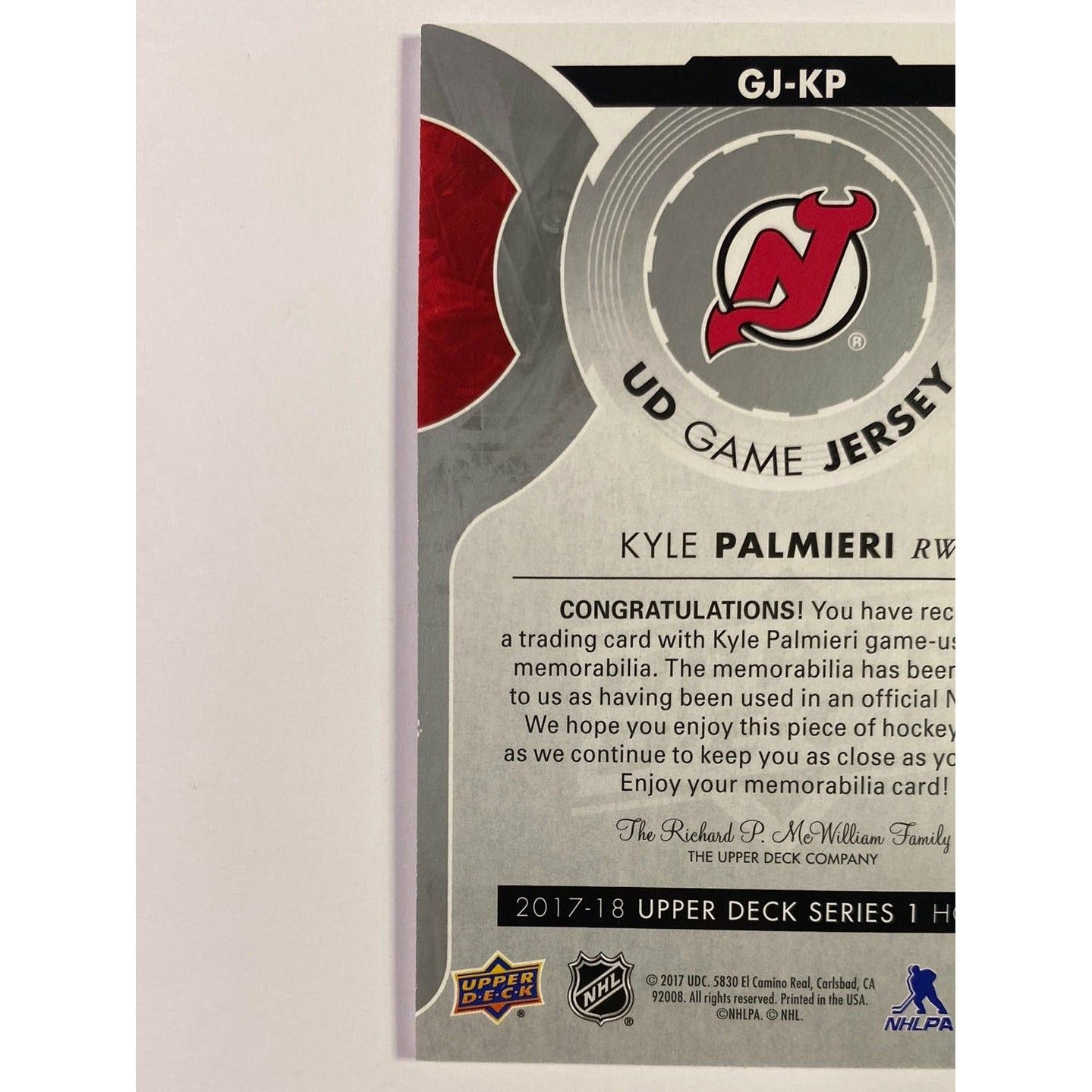 2017-18 Upper Deck Series 1 Kyle Palmieri UD Game Jersey