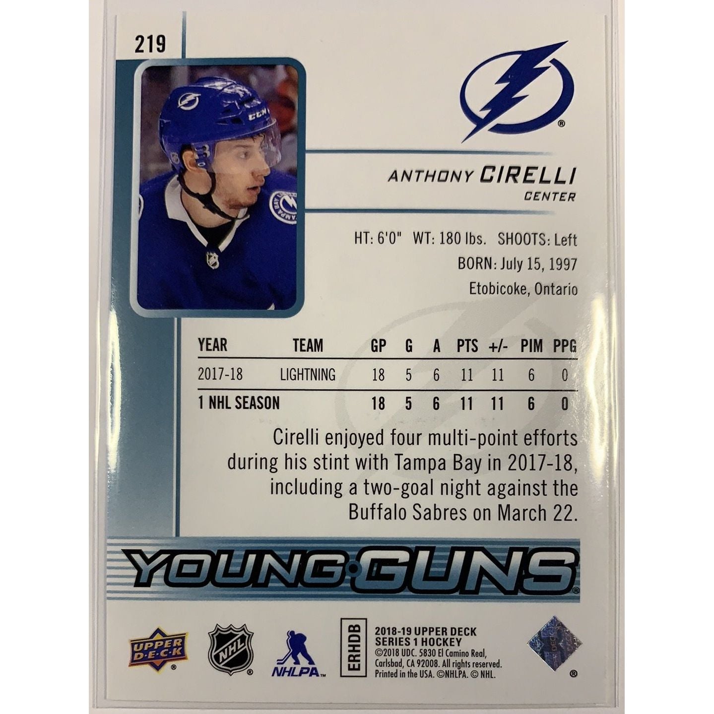  2018-19 Upper Deck Series 1 Anthony Cirelli Young Guns  Local Legends Cards & Collectibles