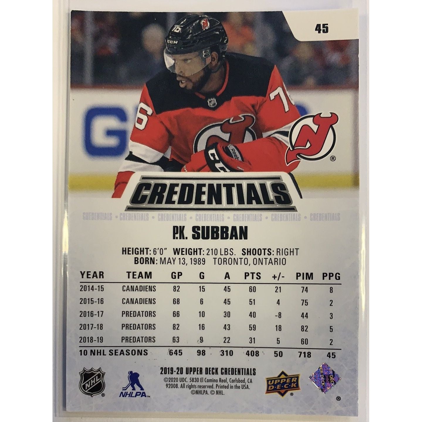  2019-20 Credentials PK Subban Red Parallel /199  Local Legends Cards & Collectibles