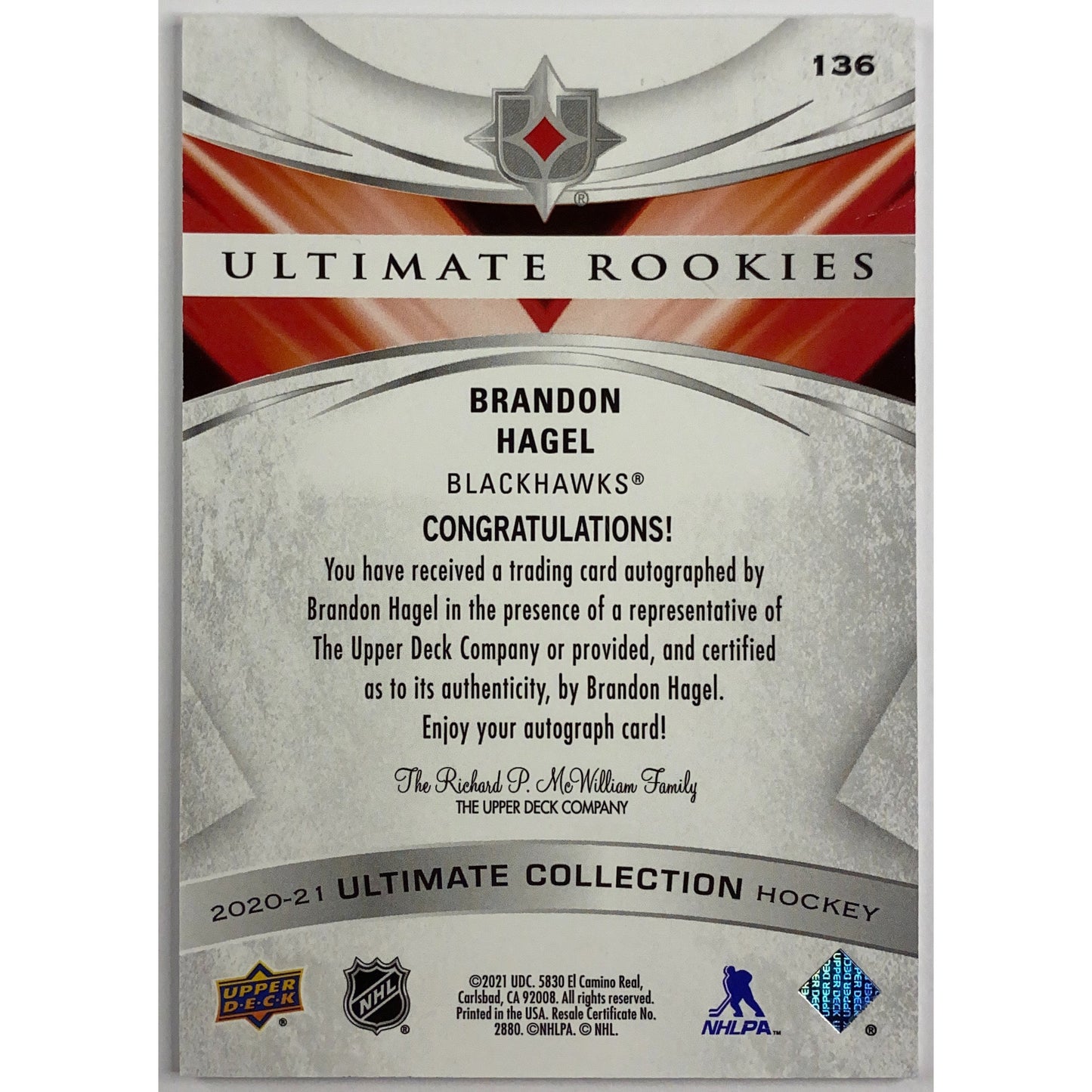 2020-21 Ultimate Collection Brandon Hagel Ultimate Rookies Auto /299