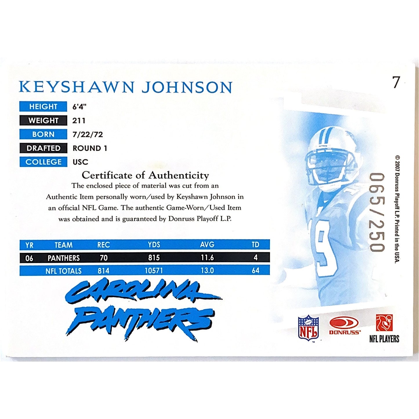 2007 Donruss Threads Keyshawn Johnson Game Worn Relic /250