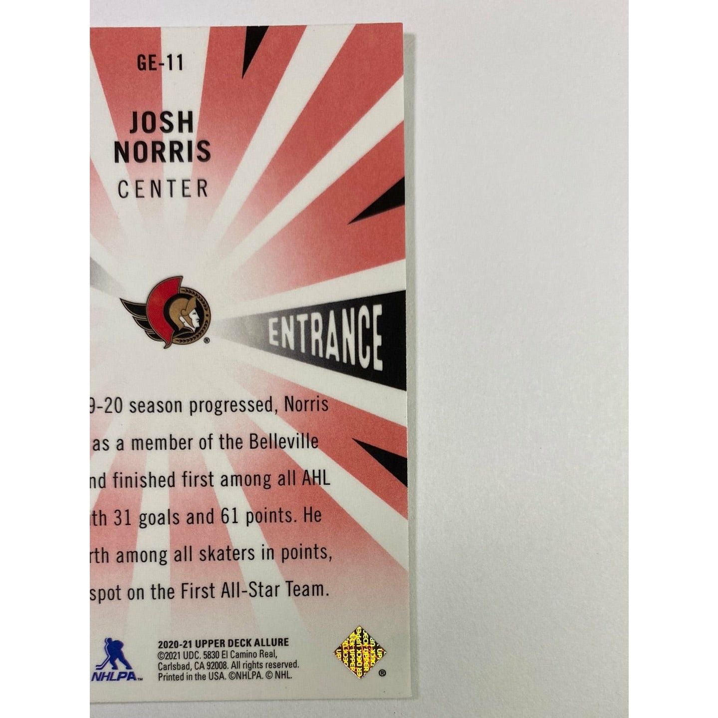  2020-21 Allure Josh Norris Grand Entrance Red Parallel  Local Legends Cards & Collectibles