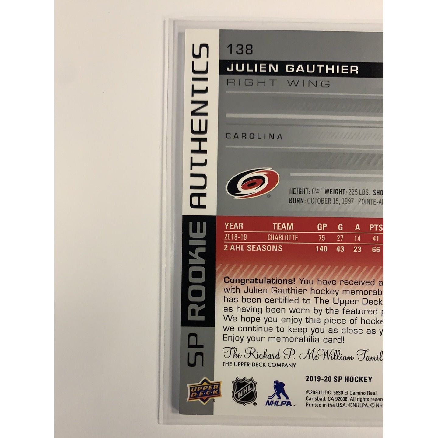  2019-20 SP Julien Gauthier Rookie Authentics Jersey Patch  Local Legends Cards & Collectibles
