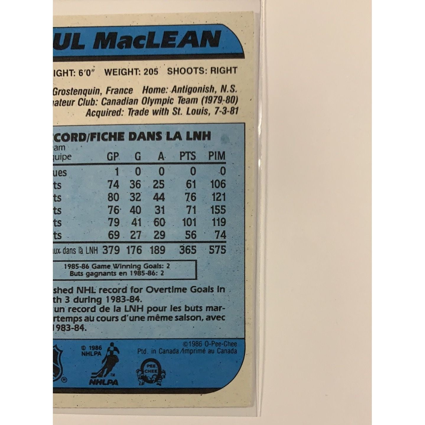  1986-87 O-Pee-Chee Paul Maclean base #114  Local Legends Cards & Collectibles