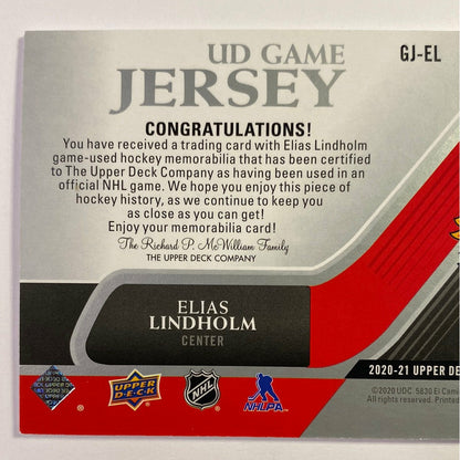 2020-21 Upper Deck Series 1 Elias Lindholm UD Game Jersey
