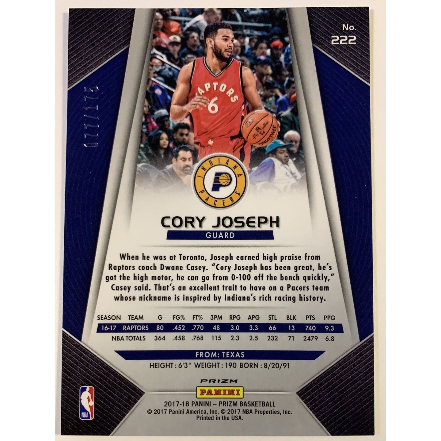  2017-18 Prizm Cory Joseph Fast Break Blue Prizm /175  Local Legends Cards & Collectibles