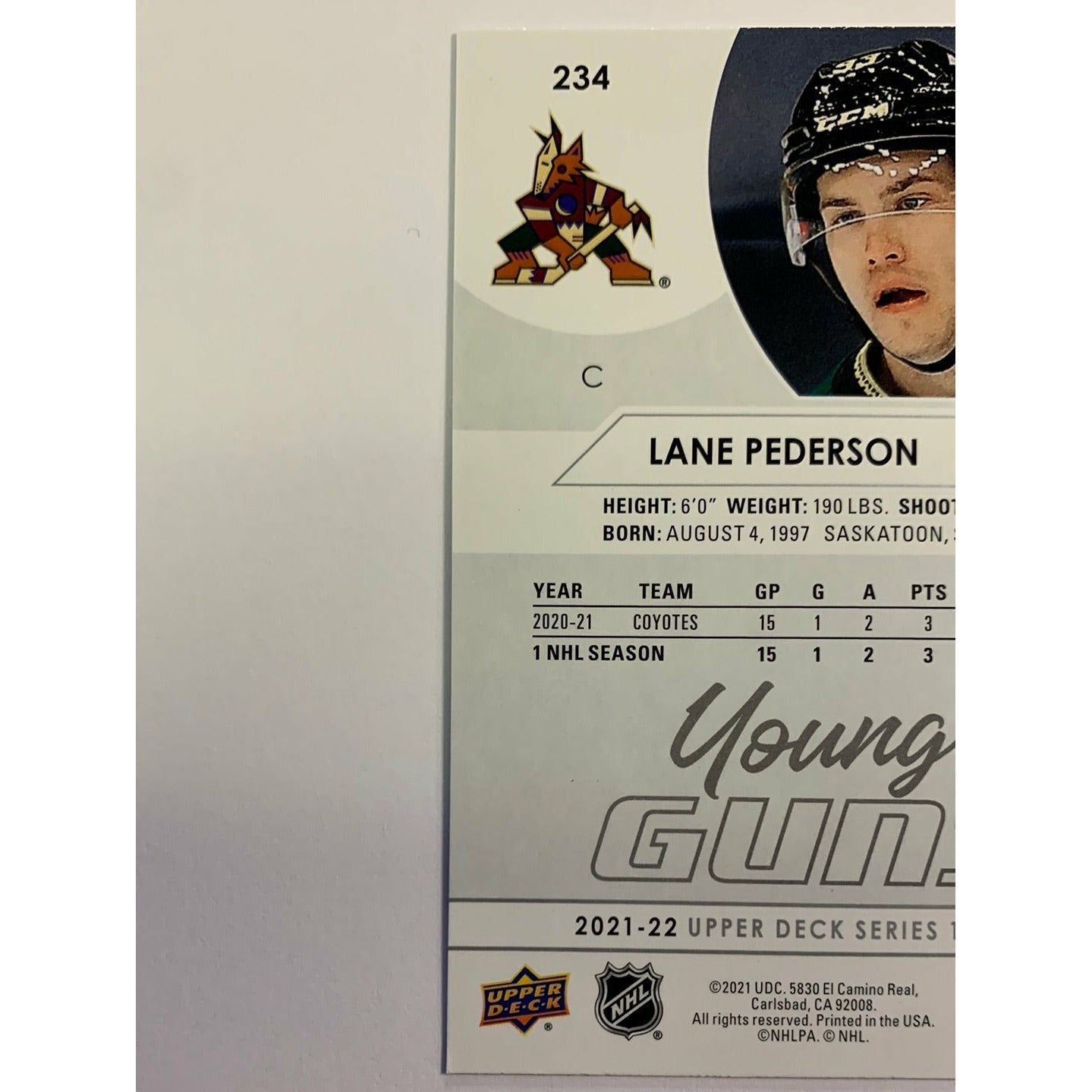 2021-22 Upper Deck Series 1 Lane Pederson Young Guns