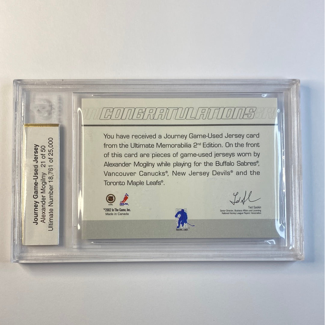 2001-02 Be A Player Ultimate Memorabilia 2nd Edition Alexander Mogilny Game Used Journey Jersey /50 Beckett Graded 9.5