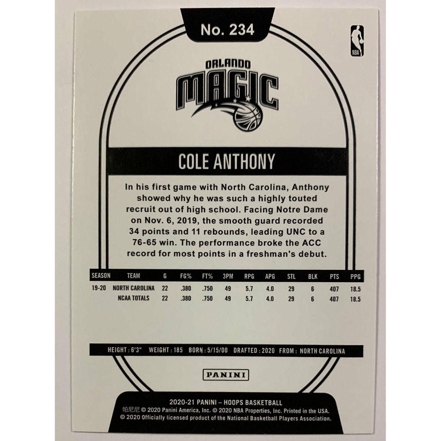 2020-21 Hoops Cole Anthony RC