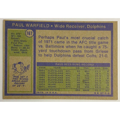 1972 Topps Paul Warfield #167