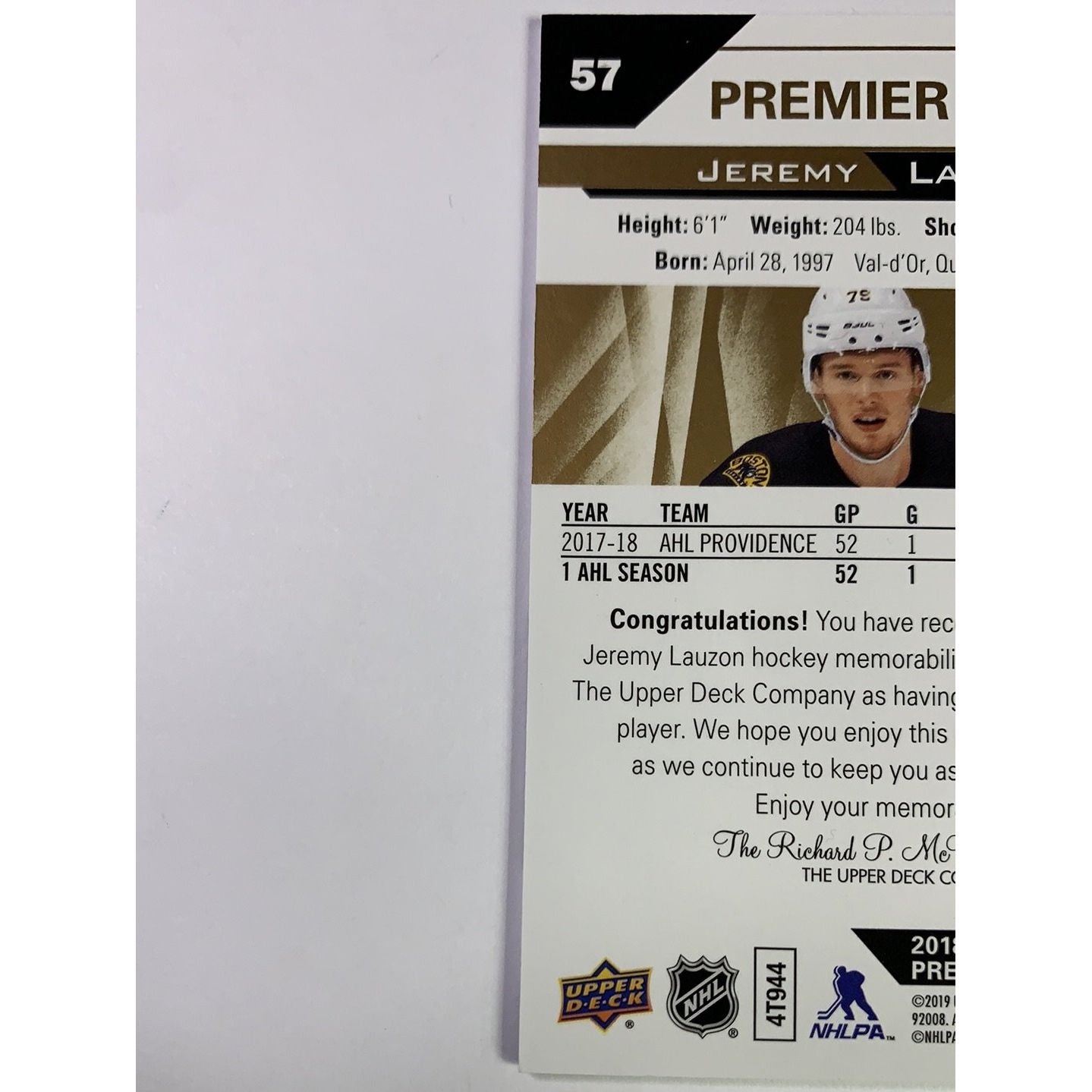 2018-19 Premier Jeremy Lauzon Rookie Jersey Patch  Local Legends Cards & Collectibles