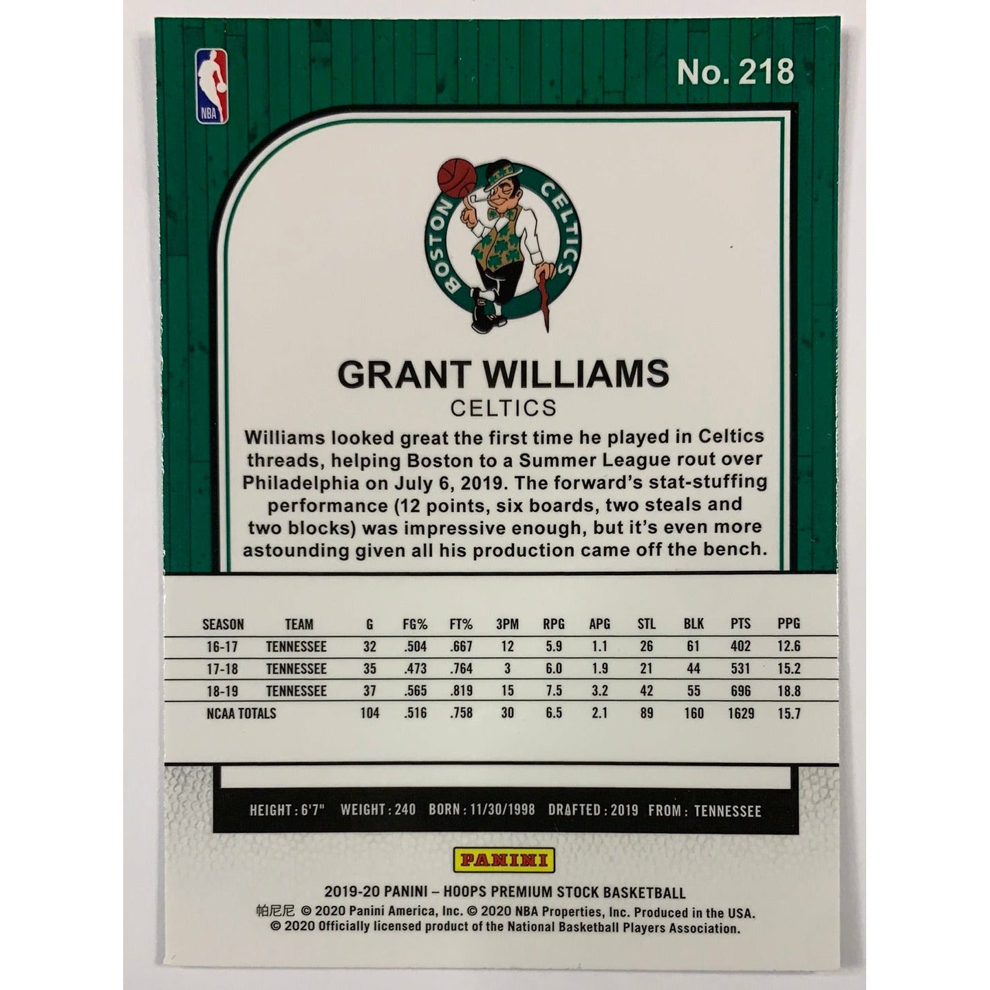 2019-20 Hoops Premium Stock Grant Williams Rookie Card
