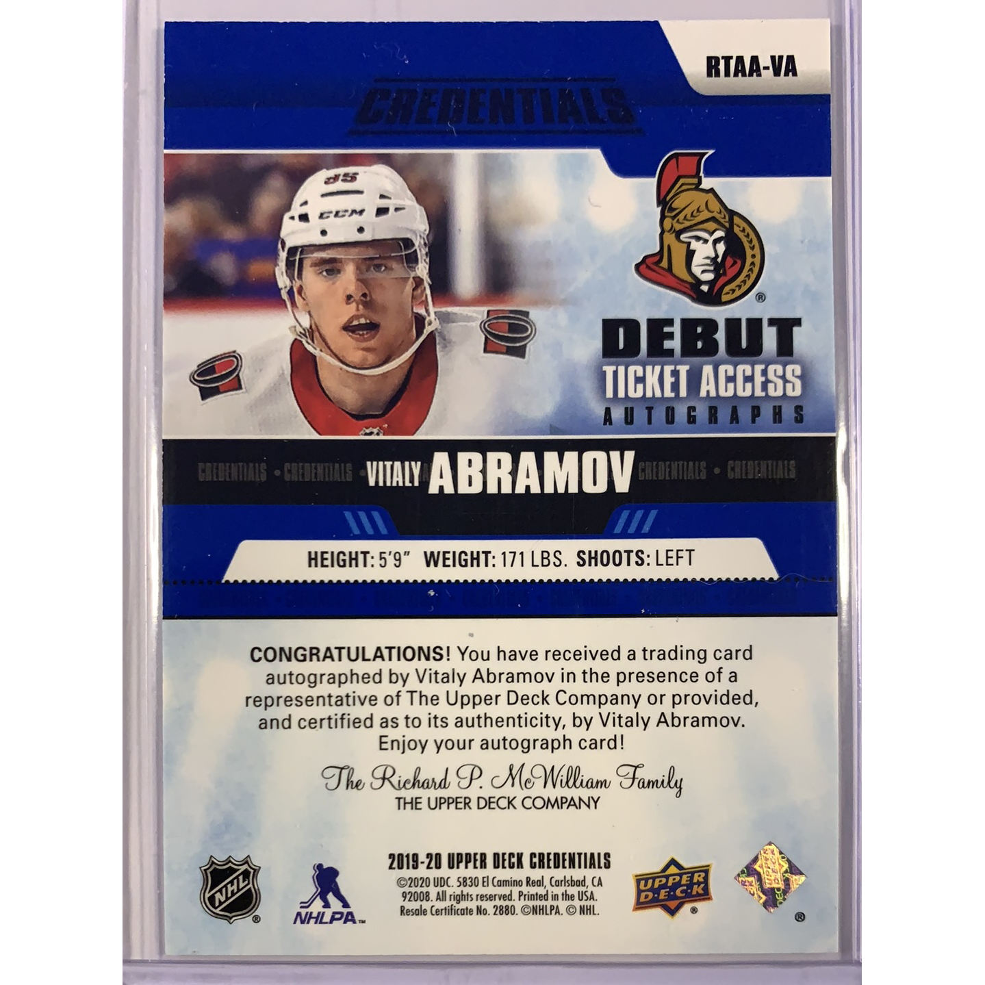  2019-20 Upper Deck Credentials Vitaly Abramov Debut Ticket Access Autographs Rookie Card  Local Legends Cards & Collectibles