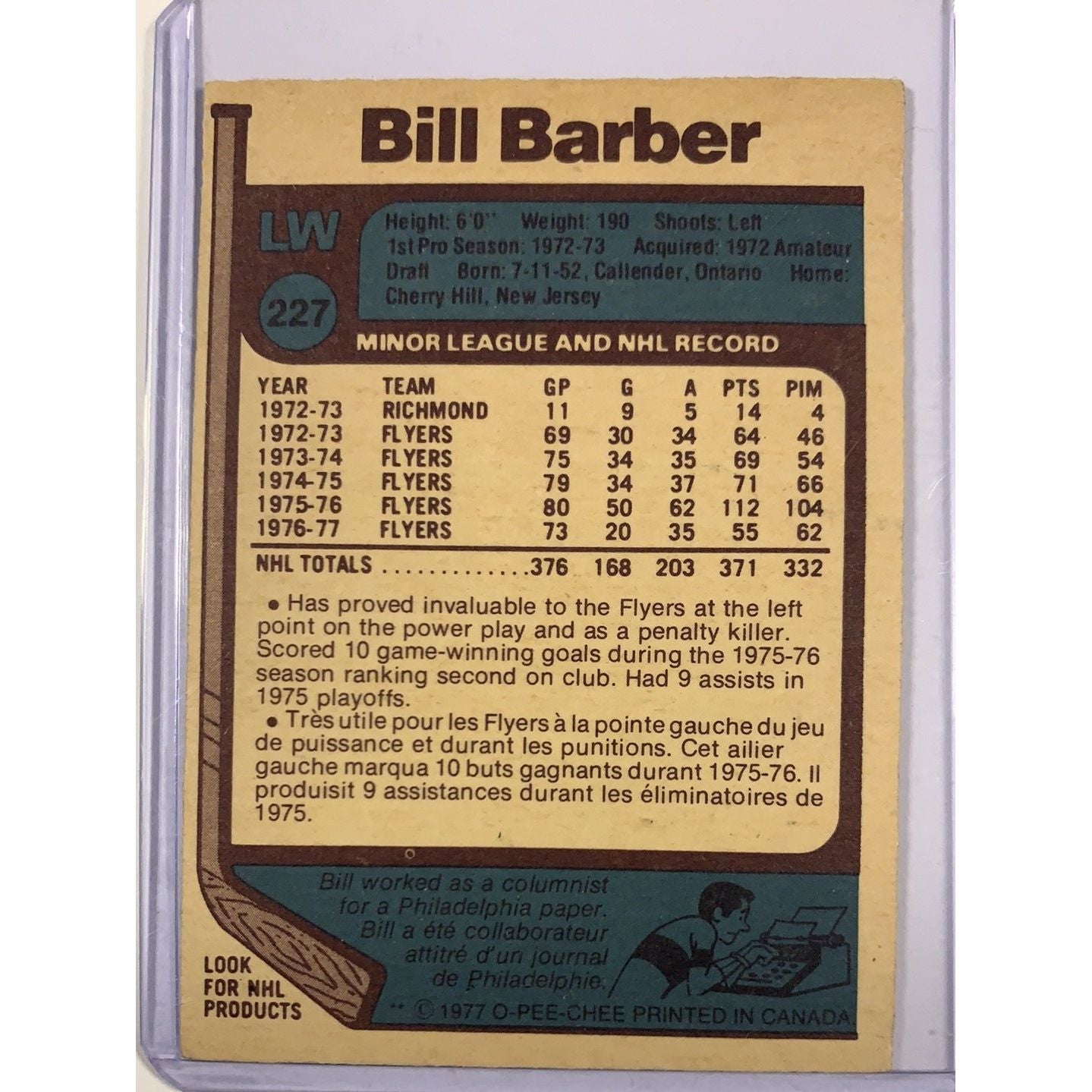  1977-78 O-Pee-Chee Bill Barber In Person Auto  Local Legends Cards & Collectibles