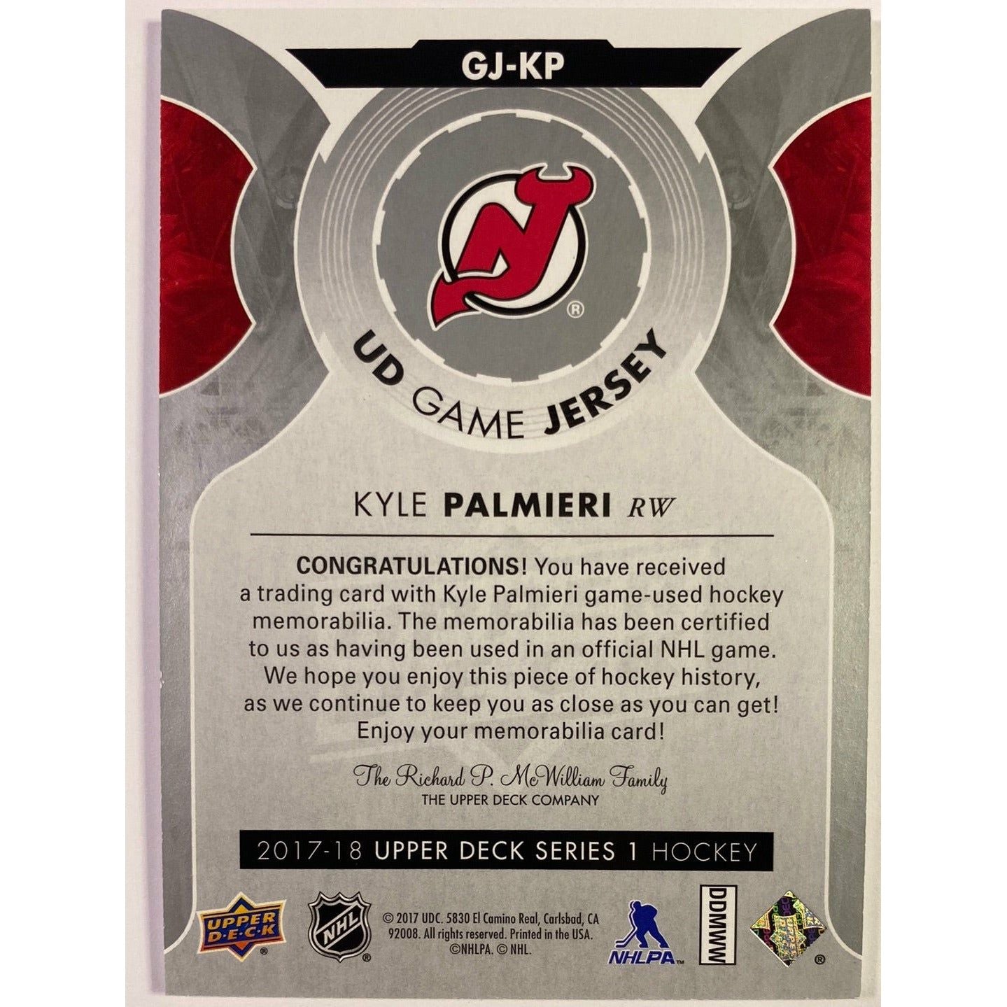2017-18 Upper Deck Series 1 Kyle Palmieri UD Game Jersey