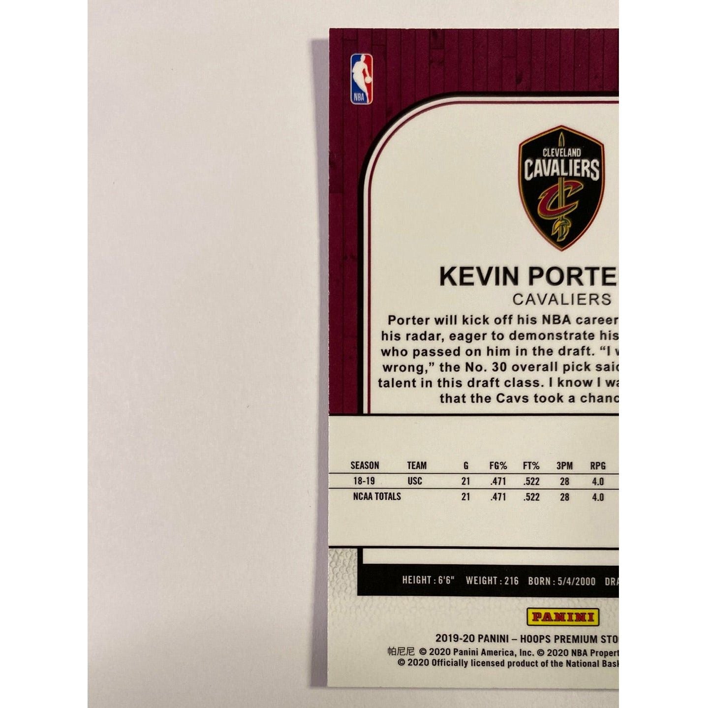 2019-20 Hoops Premium Stock Kevin Porter Jr Purple Fast Break Prizm RC