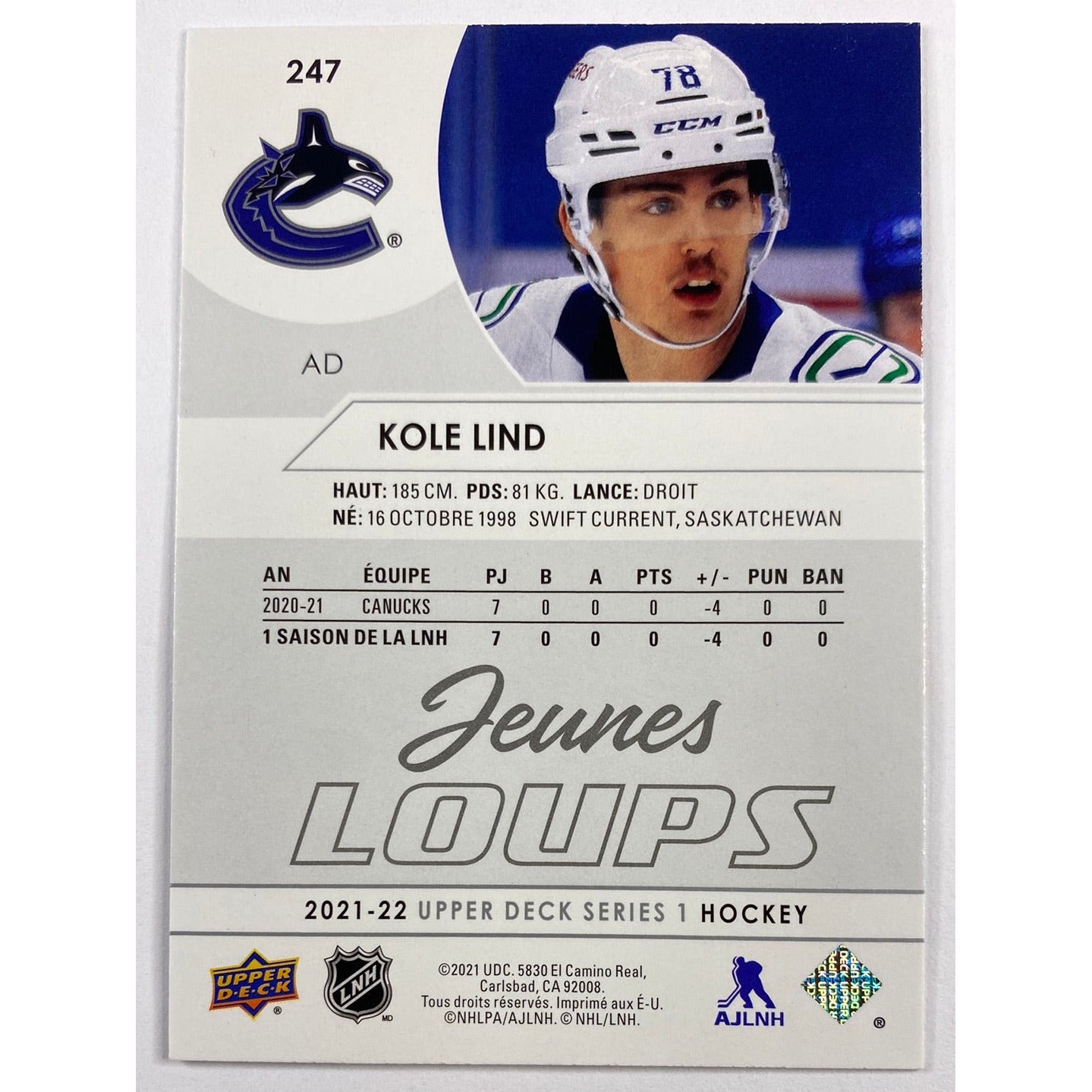 2021-22 Upper Deck Series 1 Kole Lind Young Guns French Variant