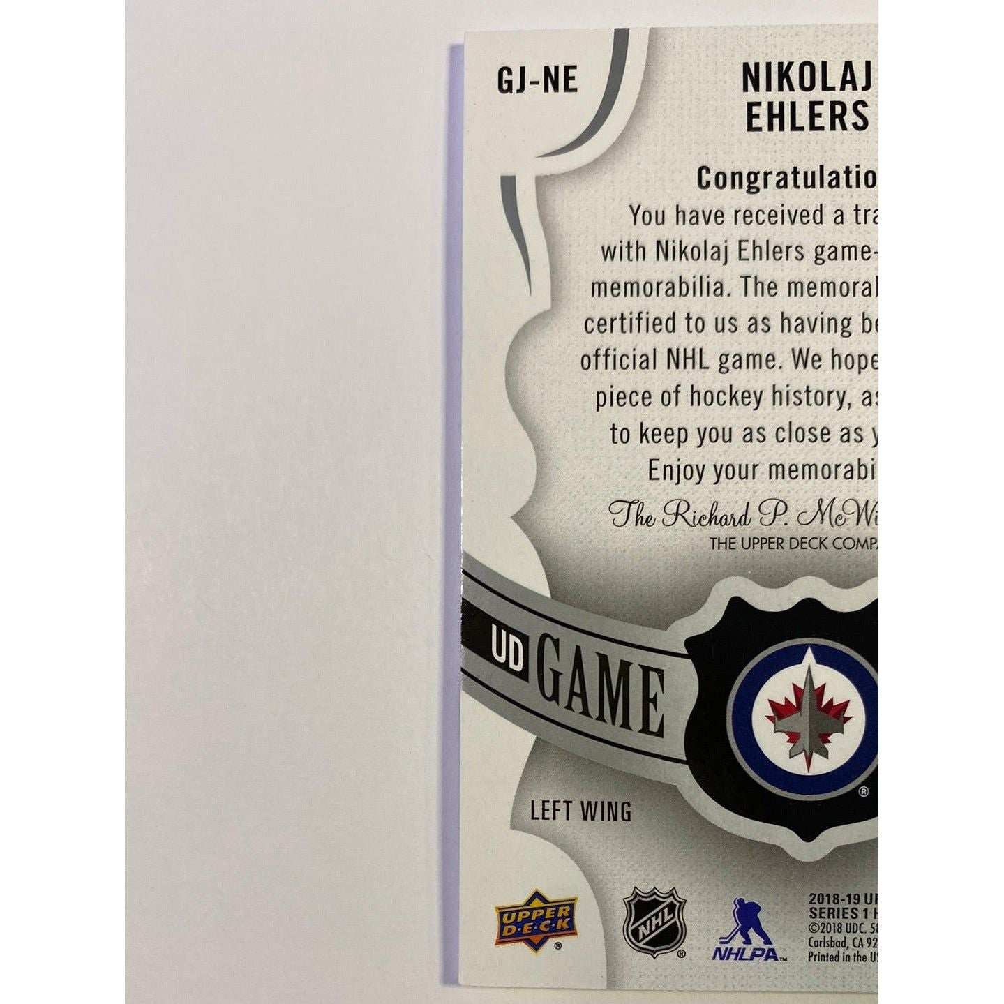 2018-19 Upper Deck Series 1 Nikolaj Ehlers UD Game Jersey