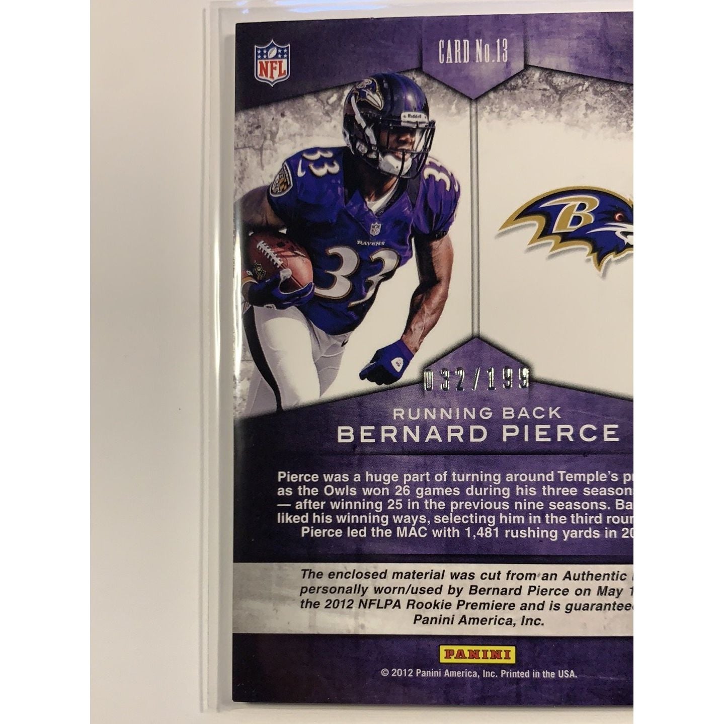  2012 Panini Bernard Pierce Rookie Team Threads /199  Local Legends Cards & Collectibles