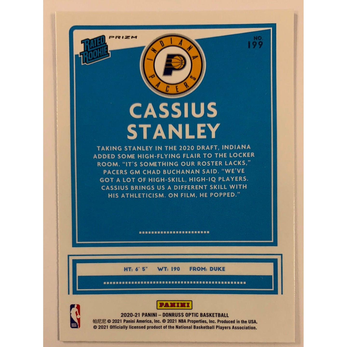 2020-21 Donruss Optic Cassius Stanley Blue Velocity Prizm Rated Rookie