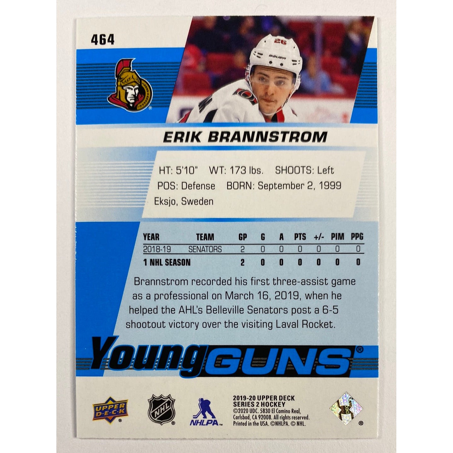 2019-20 Upper Deck Series 2 Erik Brannstrom Young Guns