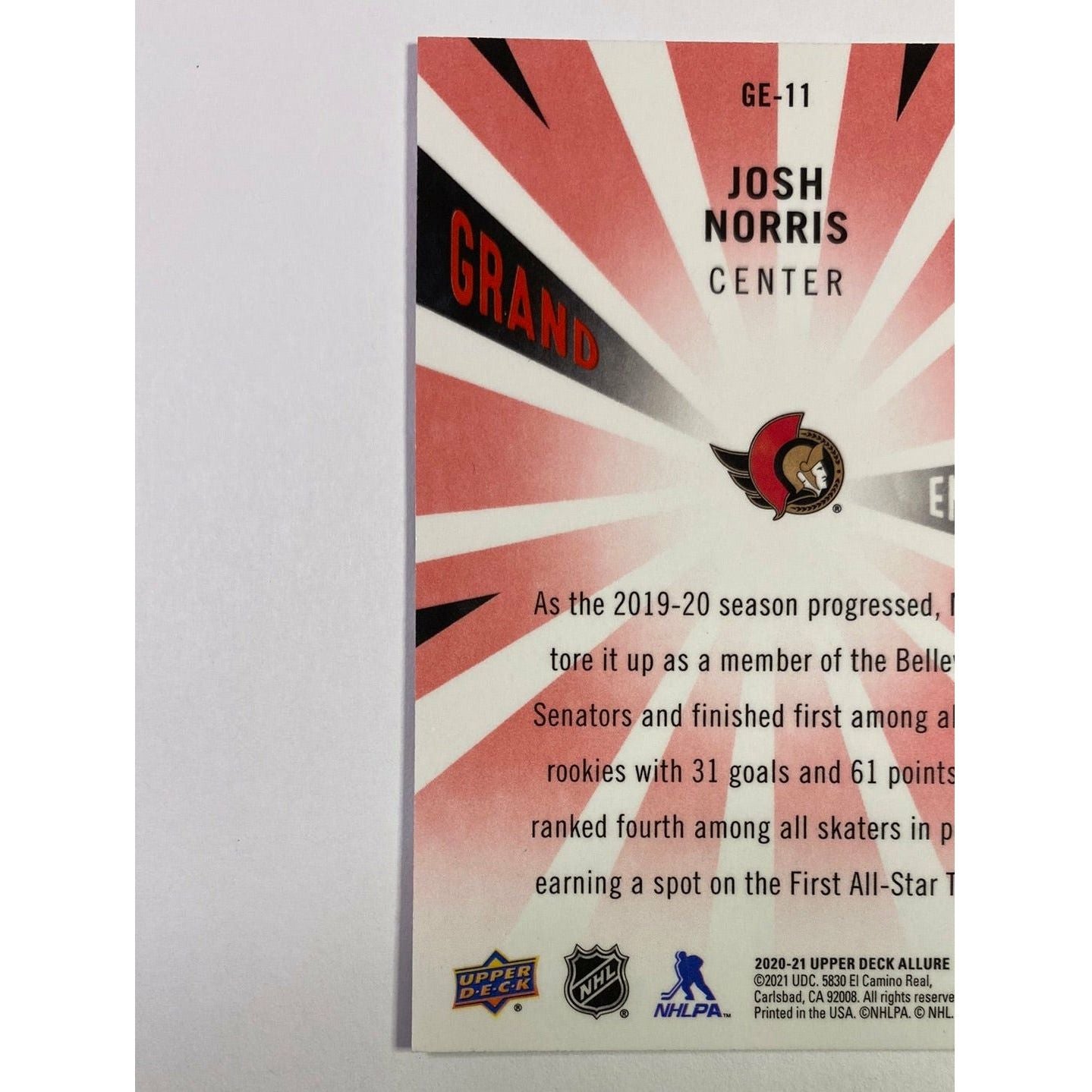  2020-21 Allure Josh Norris Grand Entrance Red Parallel  Local Legends Cards & Collectibles