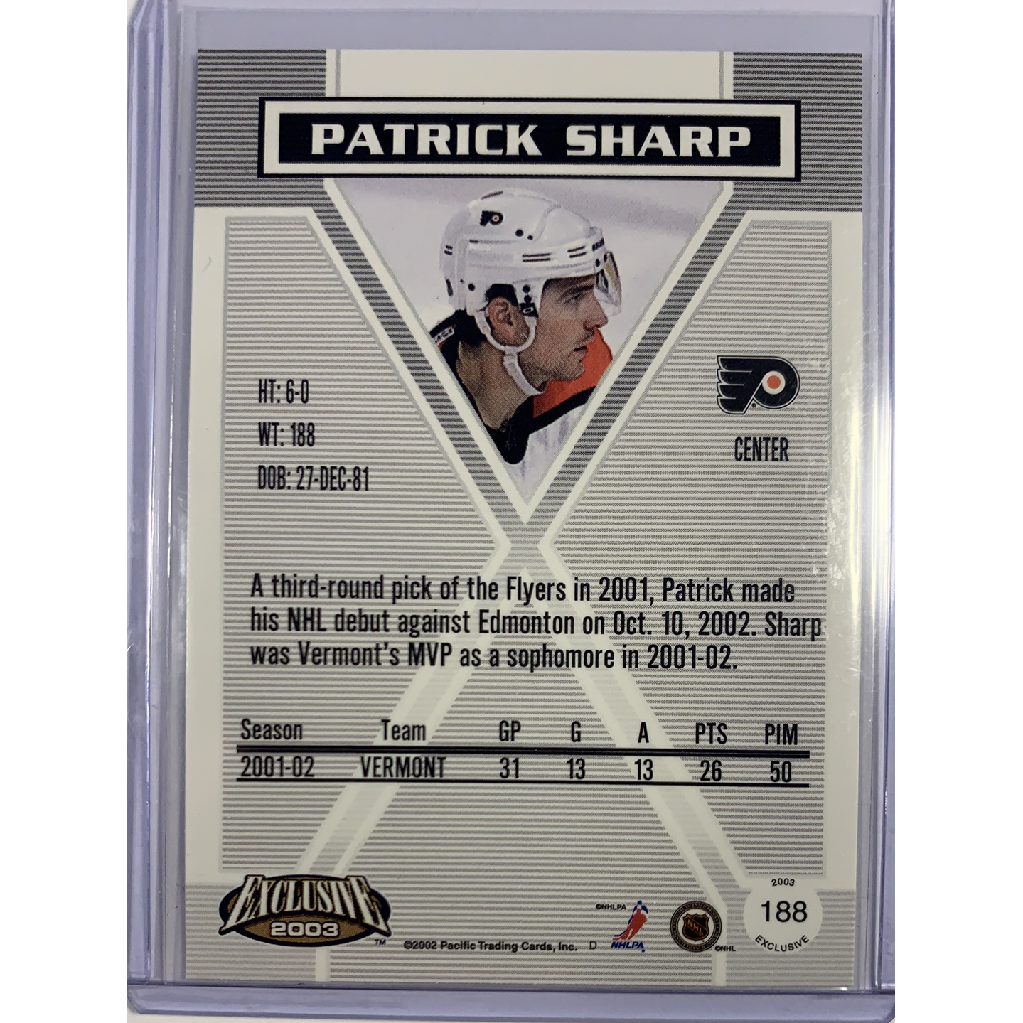  2003 Pacific Exclusive Patrick Sharp Rookie Card  Local Legends Cards & Collectibles