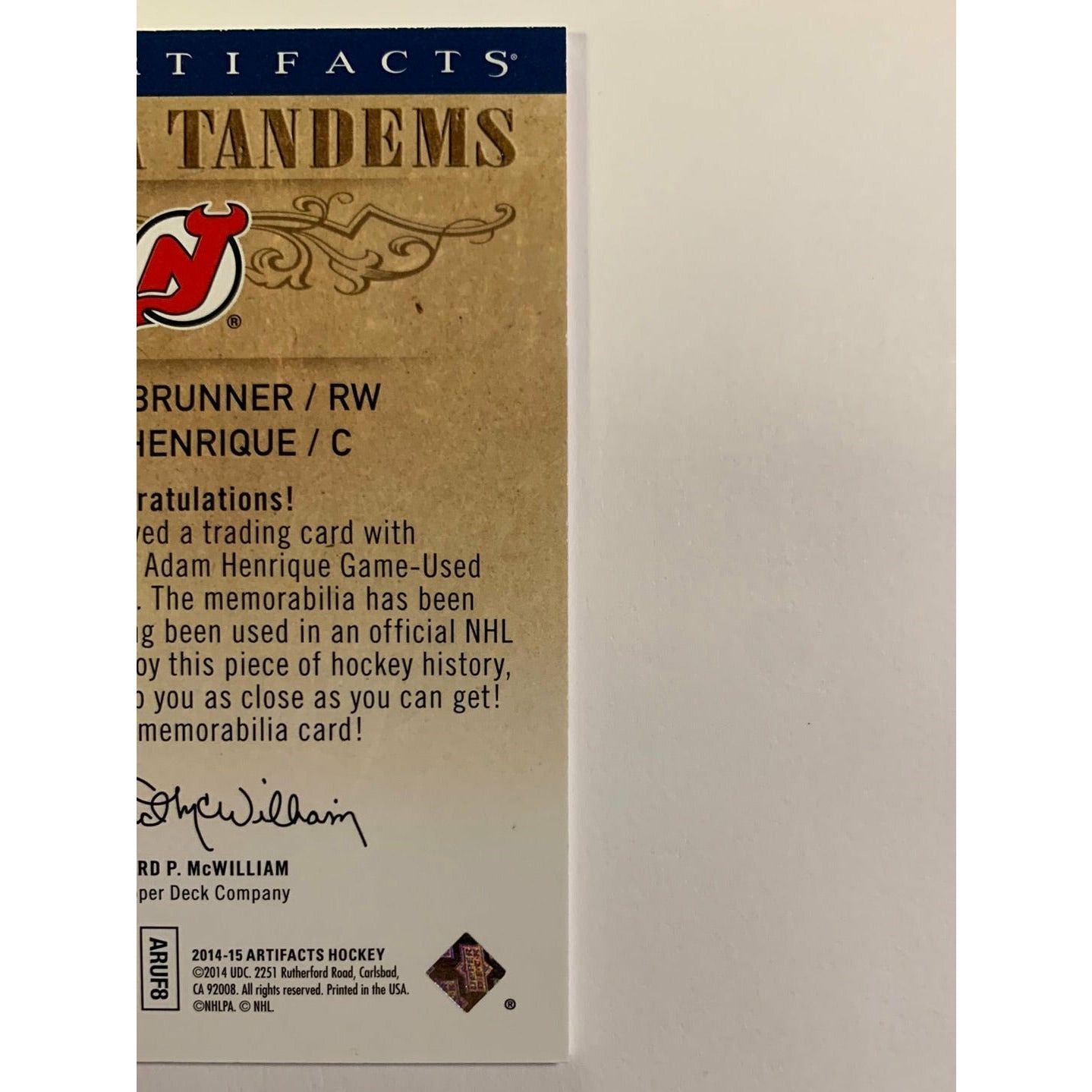 2014-15 Artifacts Damien Brunner Adam Henrique Tundra Tandems Dual Jersey
