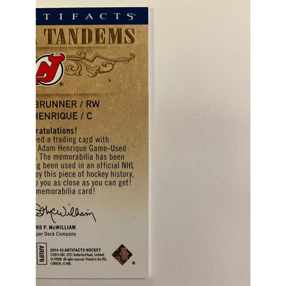 2014-15 Artifacts Damien Brunner Adam Henrique Tundra Tandems Dual Jersey