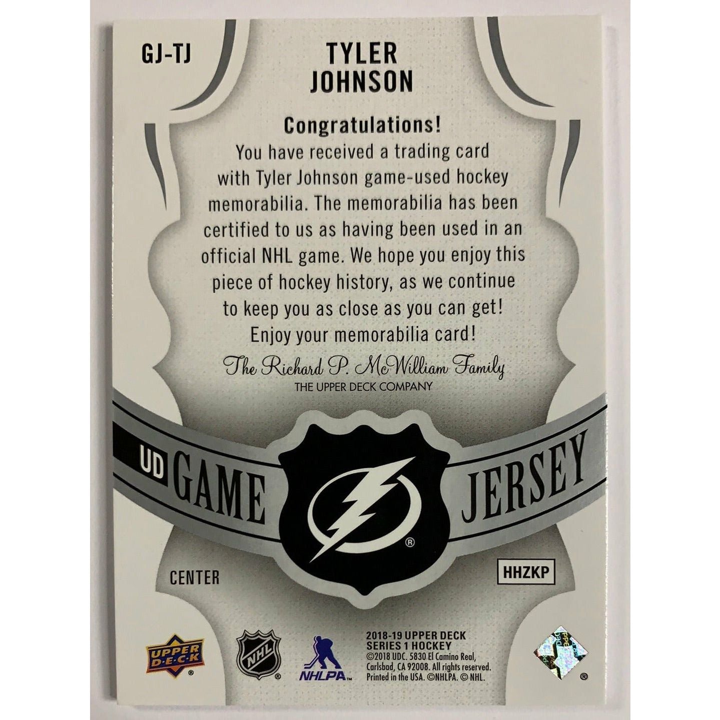 2018-19 Upper Deck Series 1 Tyler Johnson Game Jersey