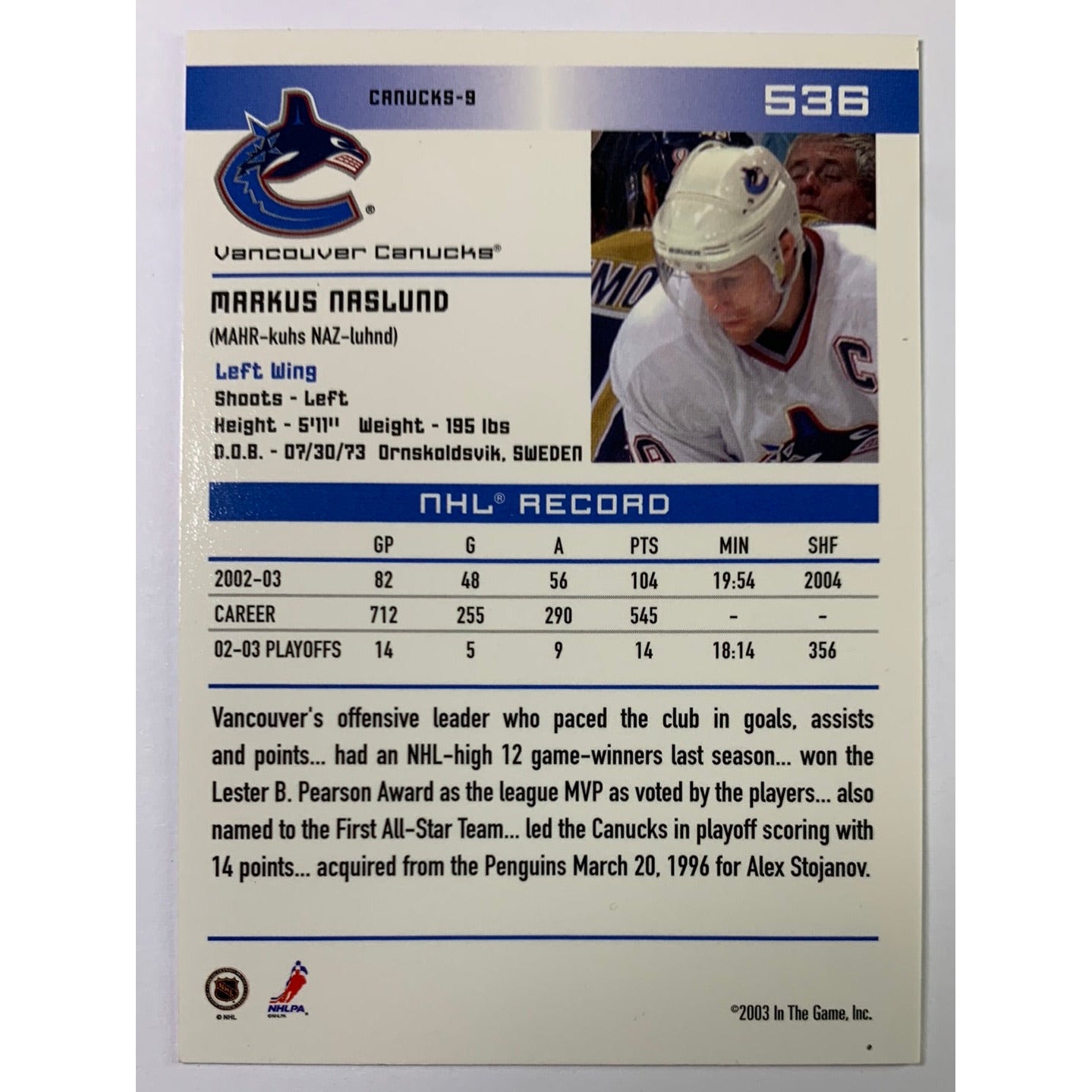 2002-03 In The Game Markus Naslund Action