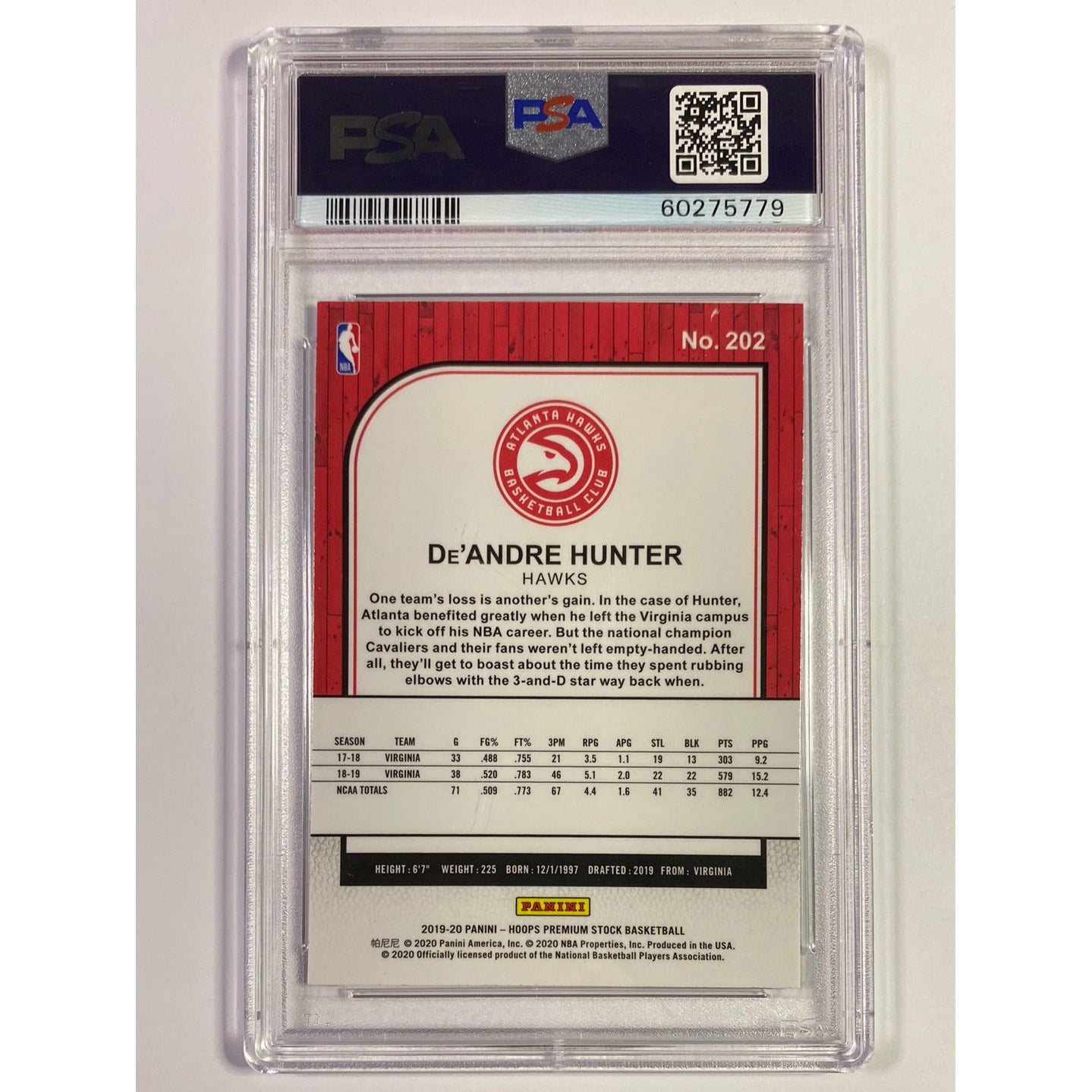 2019 Hoops Premium Stock De’Andre Hunter #202 PSA GEM MT 10