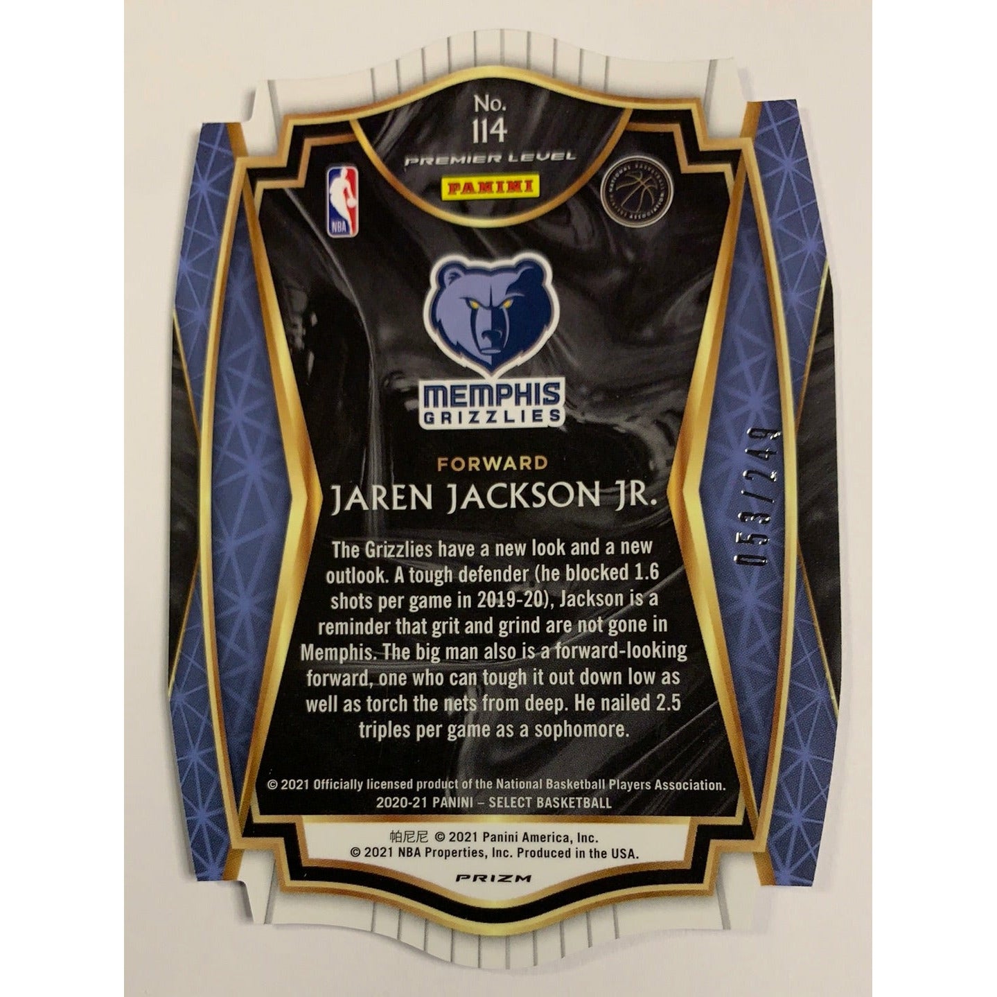 2020-21 Select Jaren Jackson Jr Blue Prizm Die Cut /249