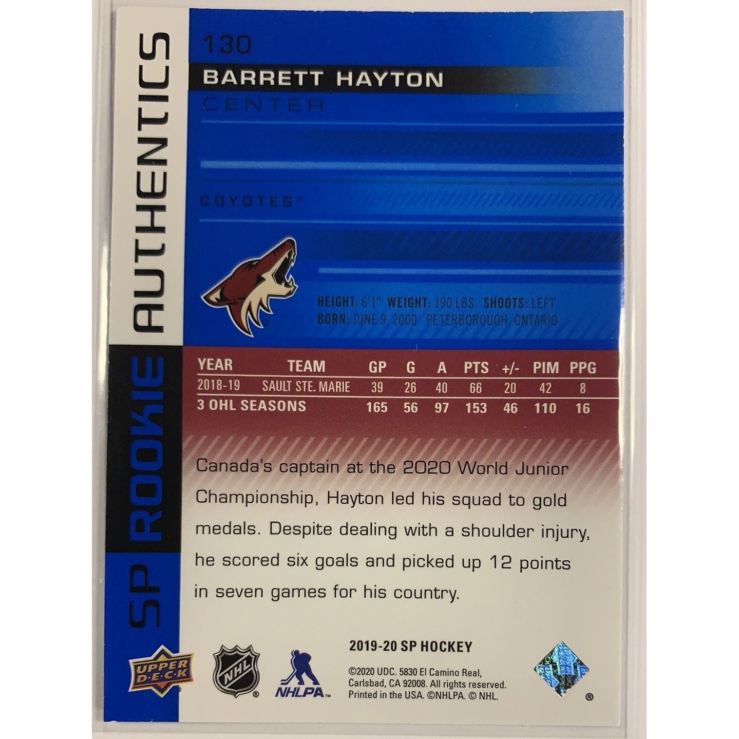  2019-20 SP Barrett Hayton Rookie Authentics  Local Legends Cards & Collectibles