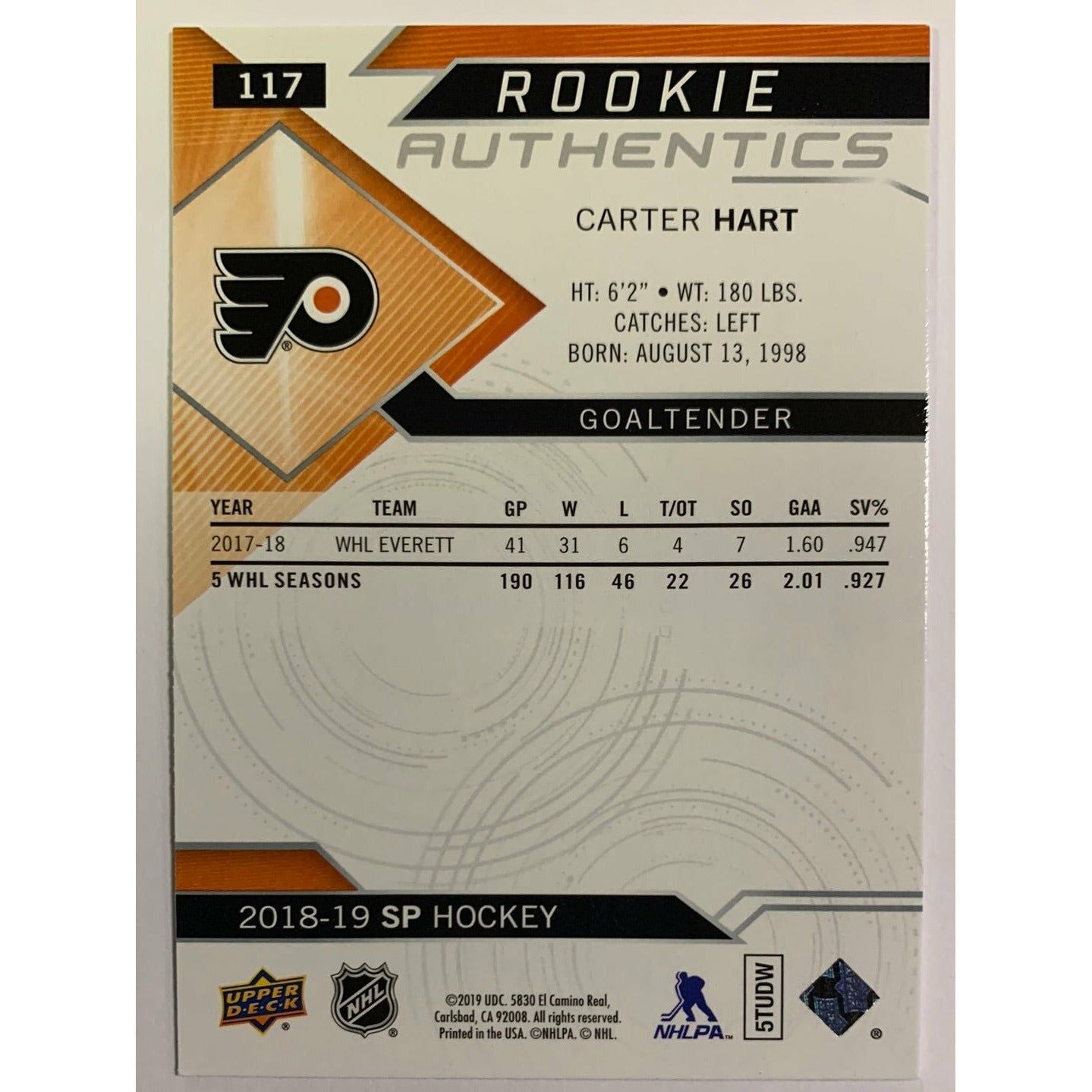 2018-19 SP Carter Hart Rookie Authentics Blue Parallel