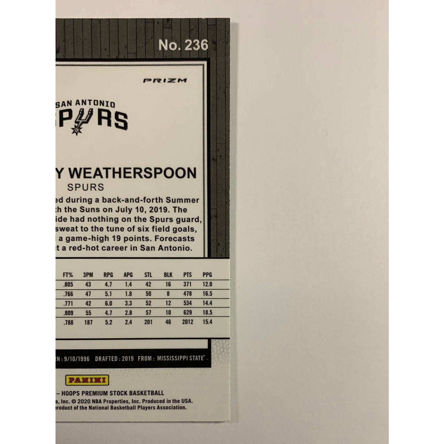 2019-20 Hoops Premium Stock Quinndary Weatherspoon Green Prizm RC