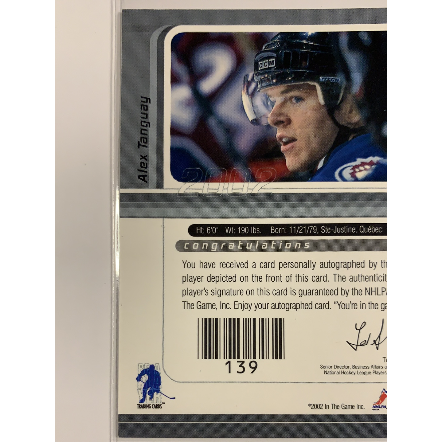  2002-03 In The Game Alex Tanguay Signature Series  Local Legends Cards & Collectibles