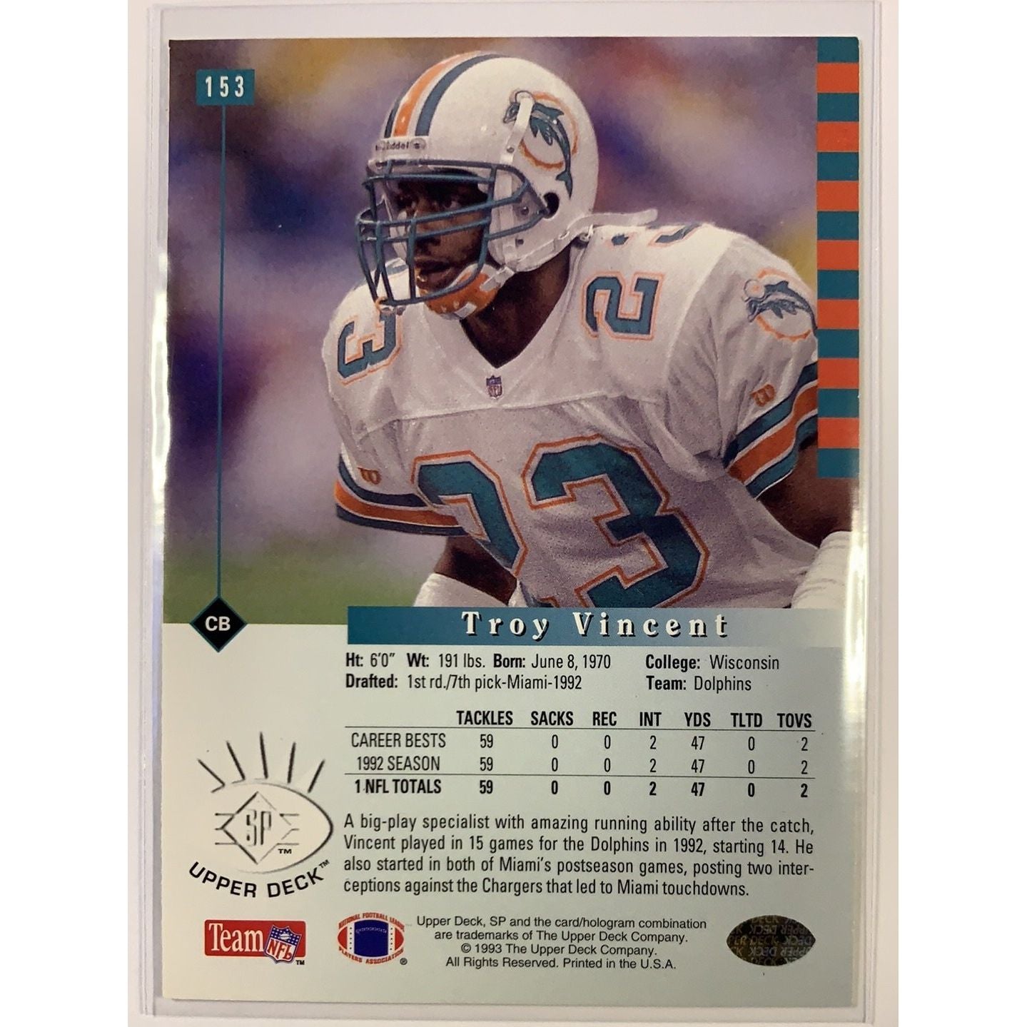  1993 Upper Deck Troy Vincent Base #153  Local Legends Cards & Collectibles