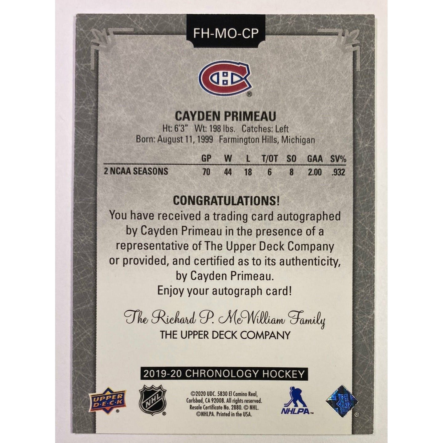 2019-20 Chronology Cayden Primeau Rookie Auto