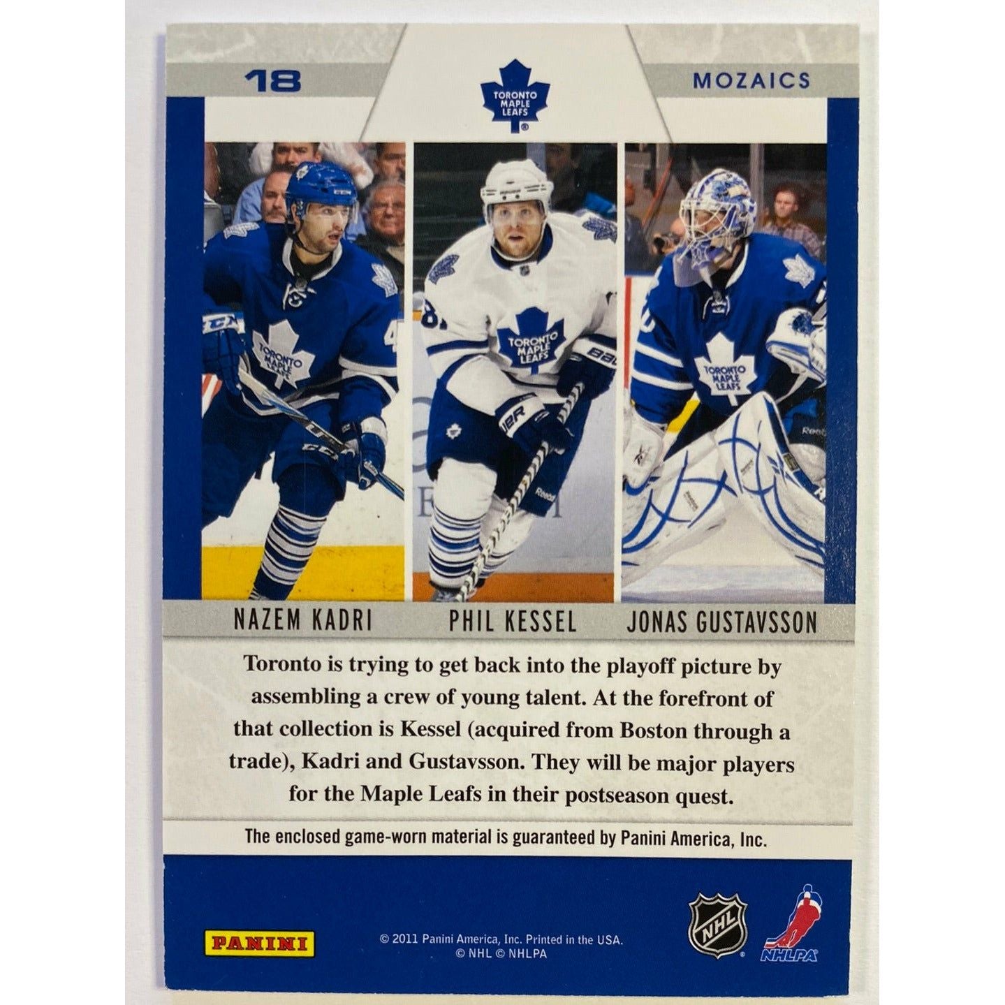 2011-12 Panini Zenith Nazem Kadri Phill Kessel Jonás Gustavsson Mozaics Jersey Patch