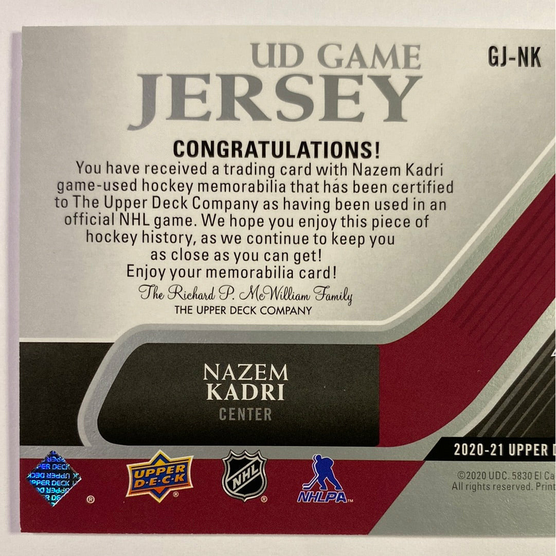 2020-21 Upper Deck Series 1 Nazem Kadri UD Game Jersey