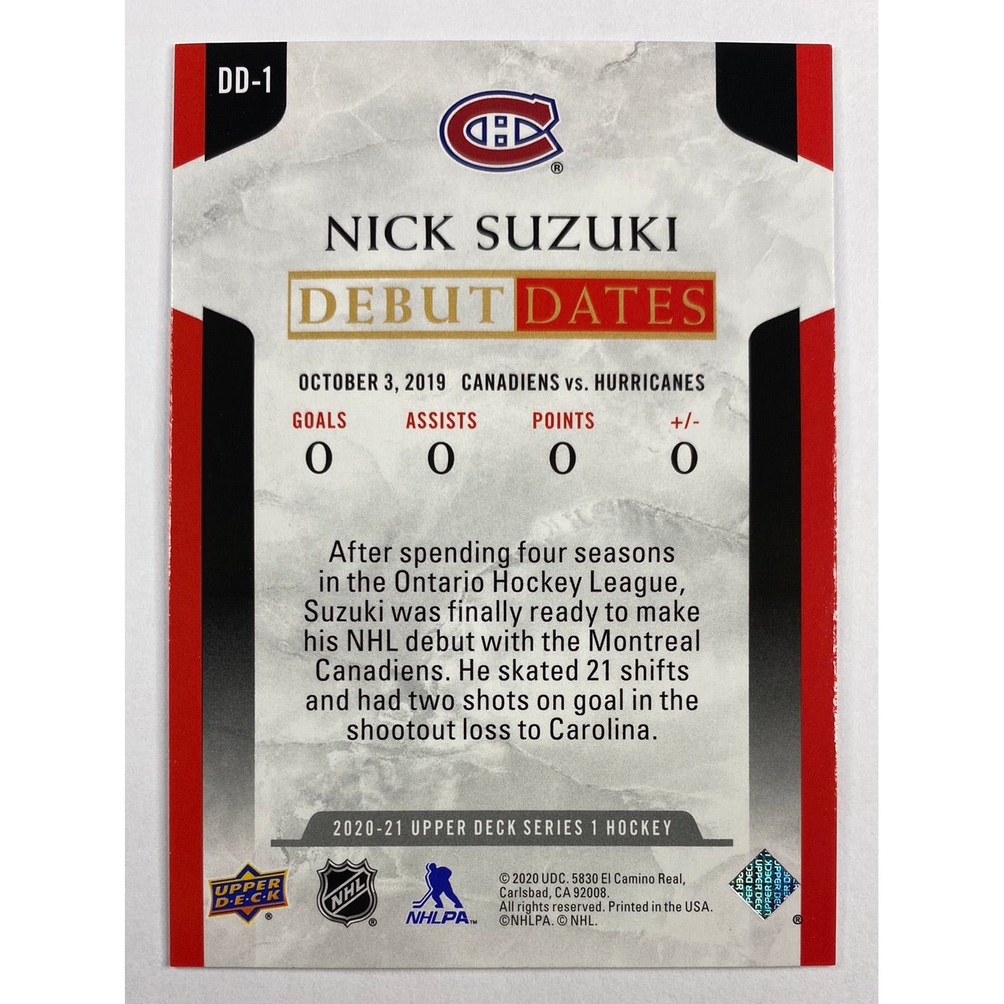 2020-21 Upper Deck Series 1 Nick Suzuki Debut Dates