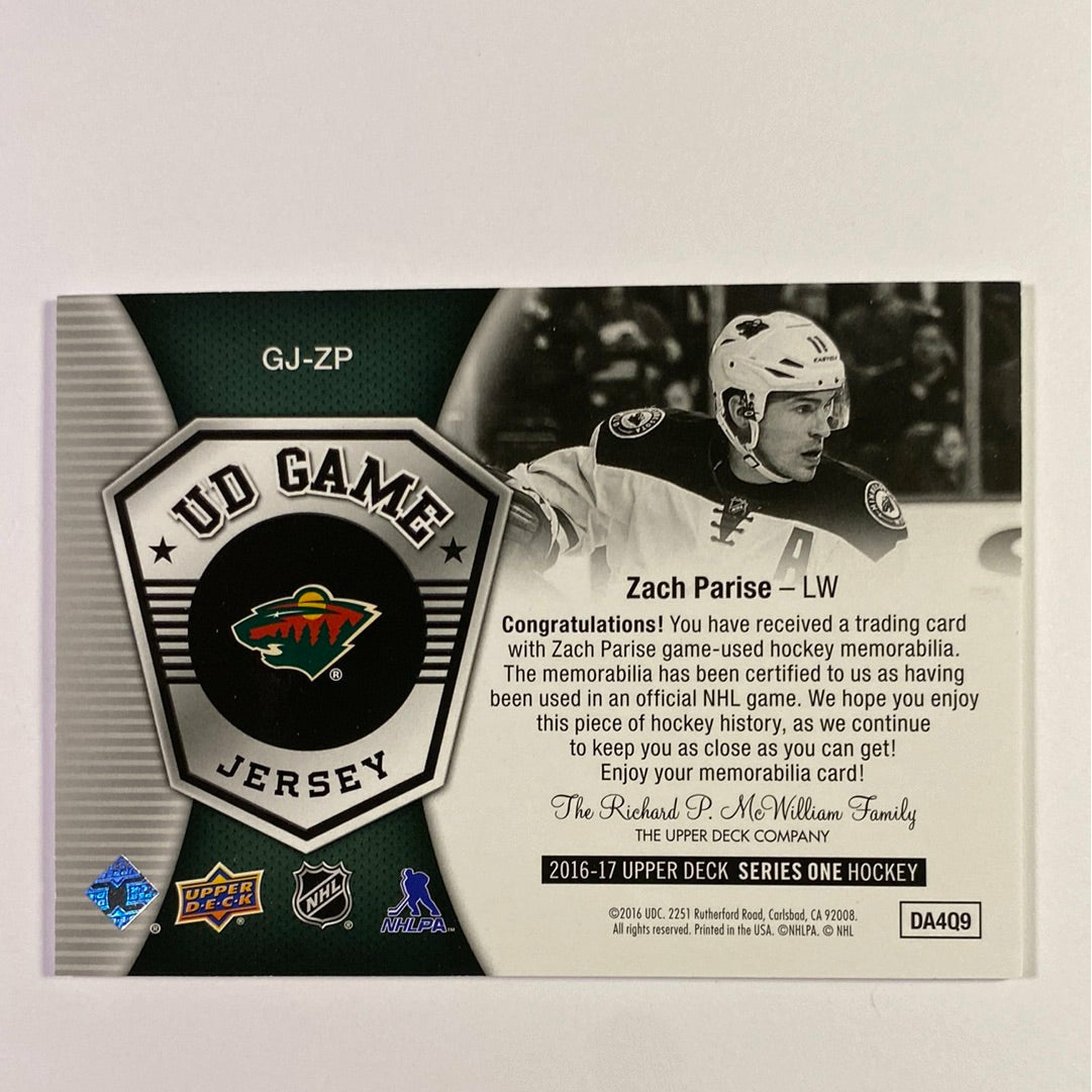 2016-17 Upper Deck Series 1 Zach Parise UD Game Jersey