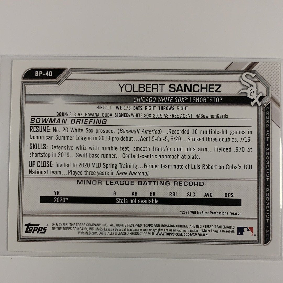  2021 Bowman 1st Yolbert Sanchez BP-40  Local Legends Cards & Collectibles