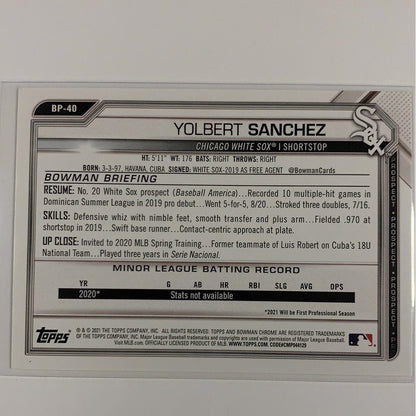  2021 Bowman 1st Yolbert Sanchez BP-40  Local Legends Cards & Collectibles