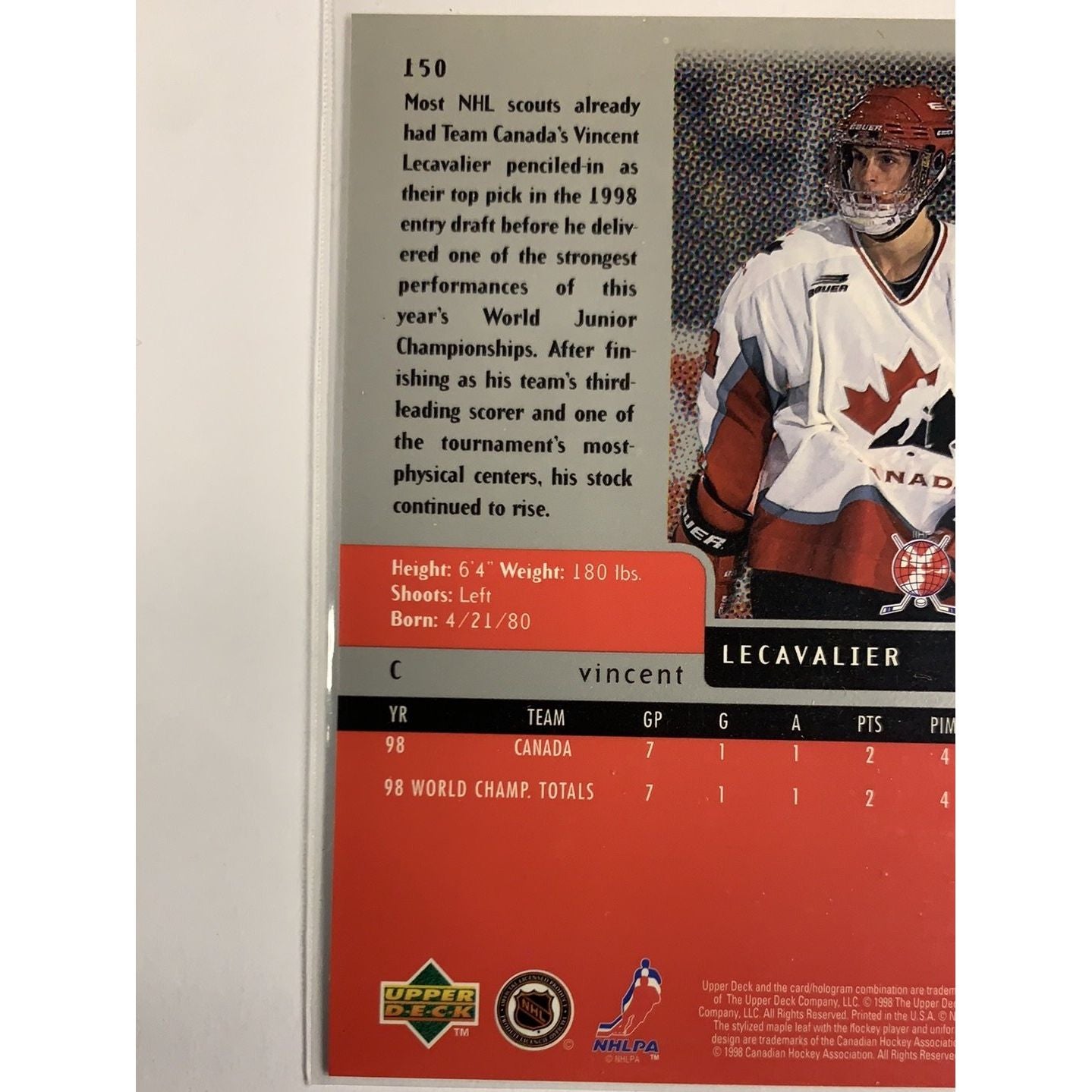  1998 Black Diamond Vincent Lecavalier Team Canada World Juniors RC  Local Legends Cards & Collectibles
