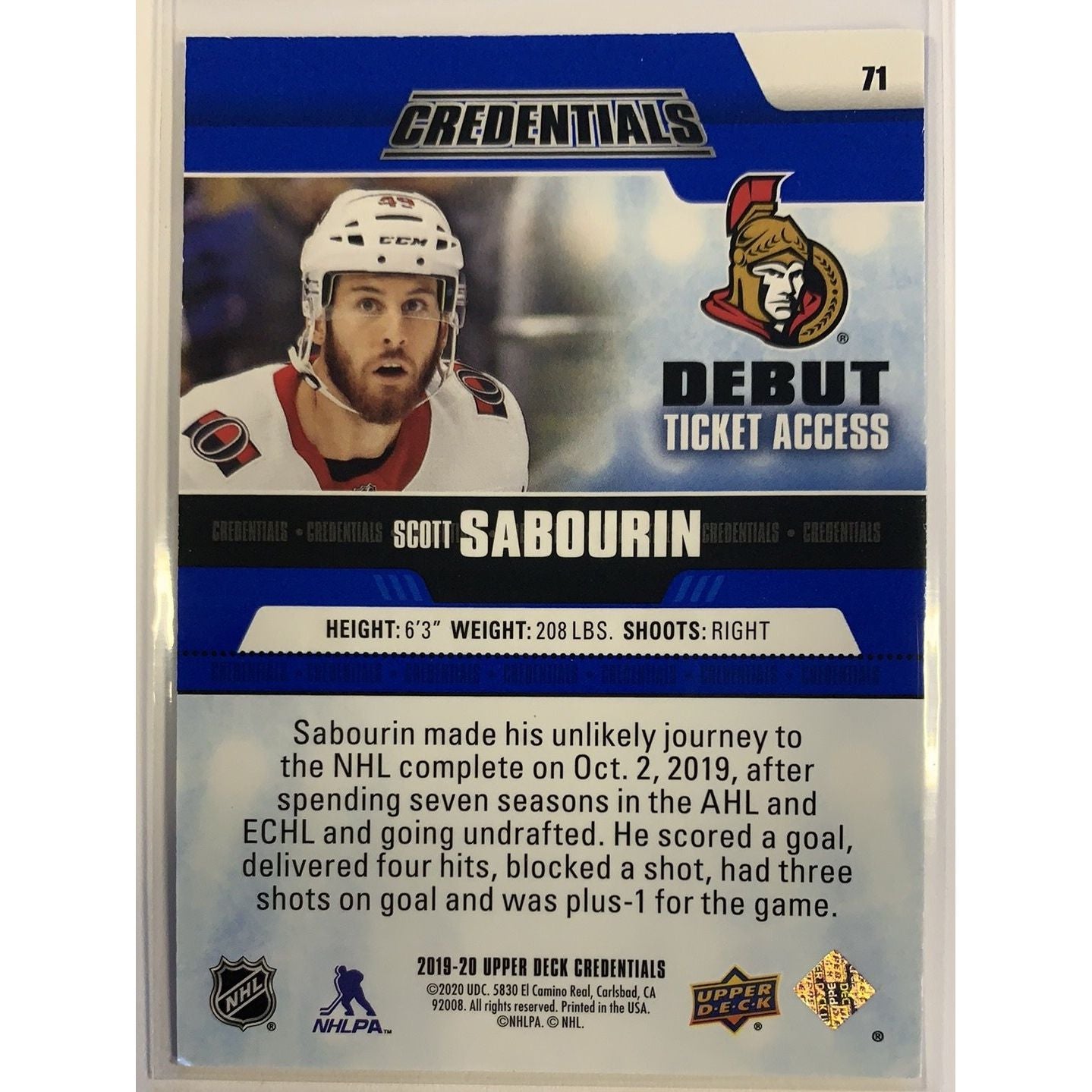  2019-20 Credentials Scott Sabourin Debut Ticket Access /999  Local Legends Cards & Collectibles